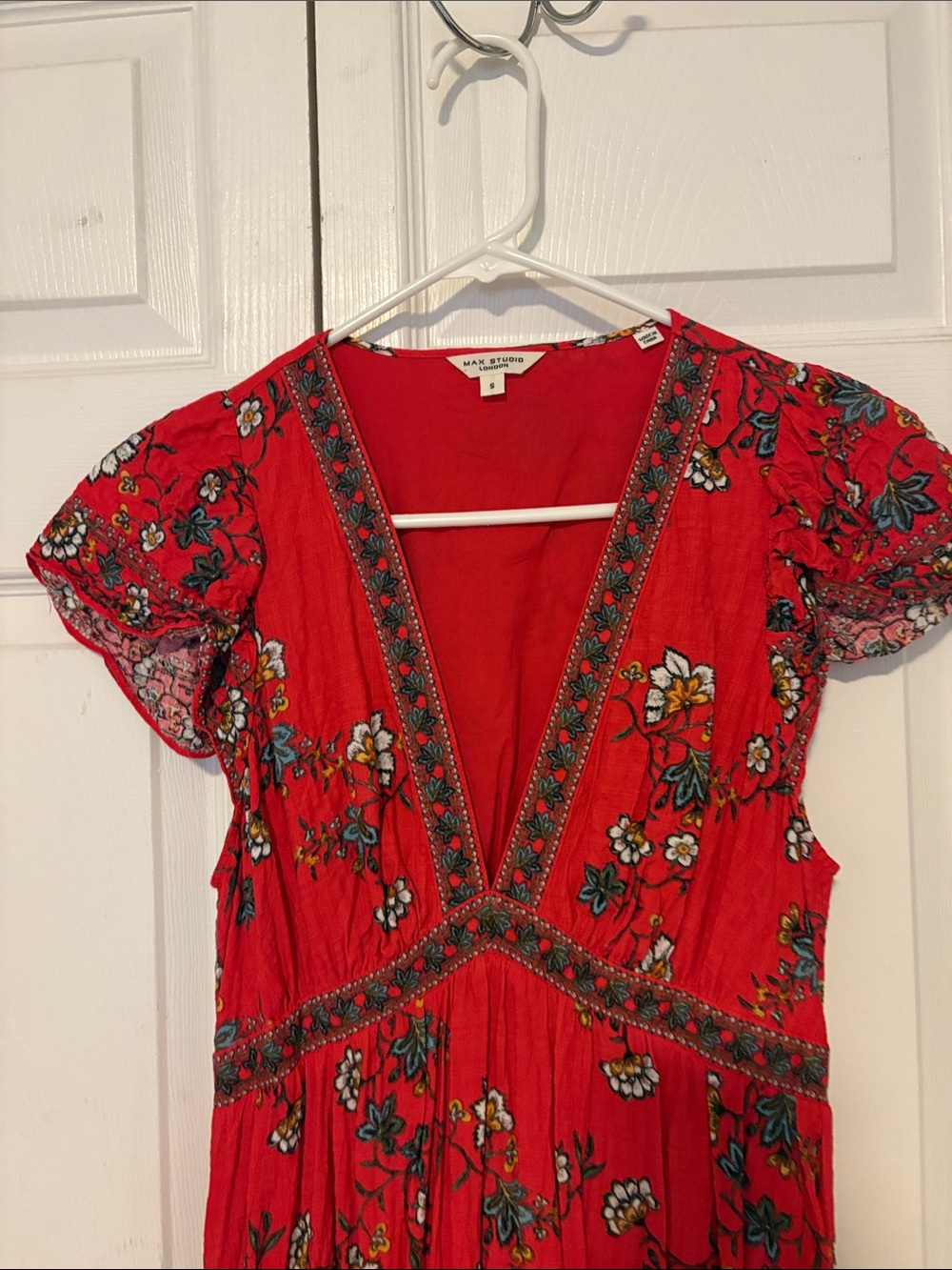 Max Studio Red Floral V-Neck Maxi with Embroidered Trim - Picture 2 of 4